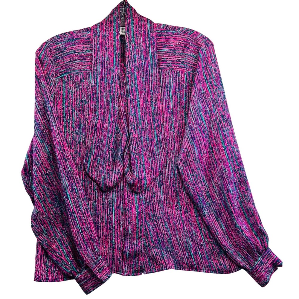 Anne Klein for New Aspects Blouse Vintage Pink Teal Abstract Tie Neck Top Sz 4